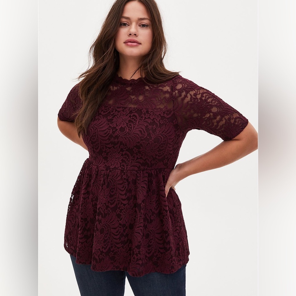Torrid Babydoll Lace High Neck Short Sleeve Top